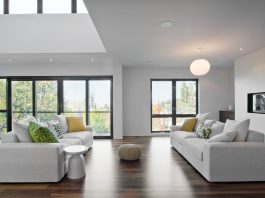 Black window frames in living room