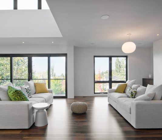 Black window frames in living room