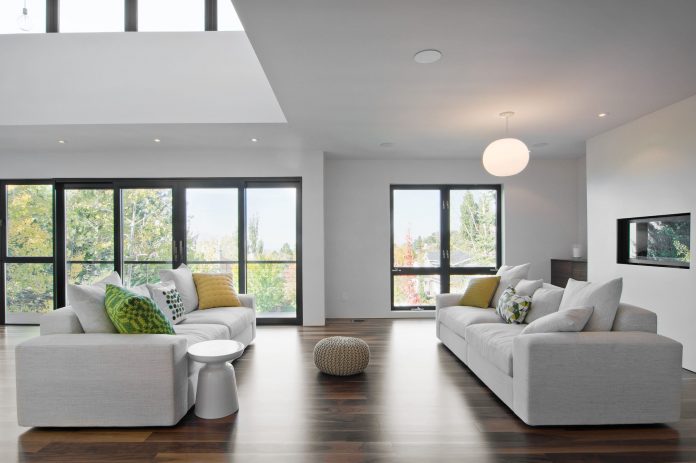 Black window frames in living room