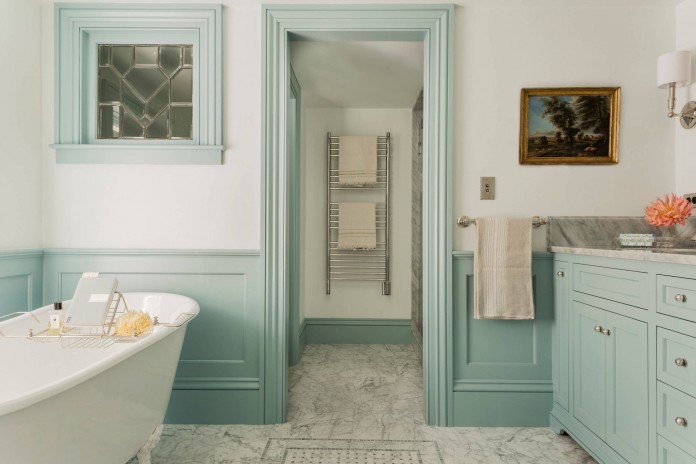 light-blue-seafoam-green-railing-wall-trim-moulding